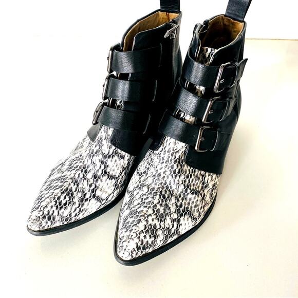 RAYE REVOLVE Black White Two Tone Snakeskin Toe Buckle Ankle Boots Booties 38 - Picture 3 of 15